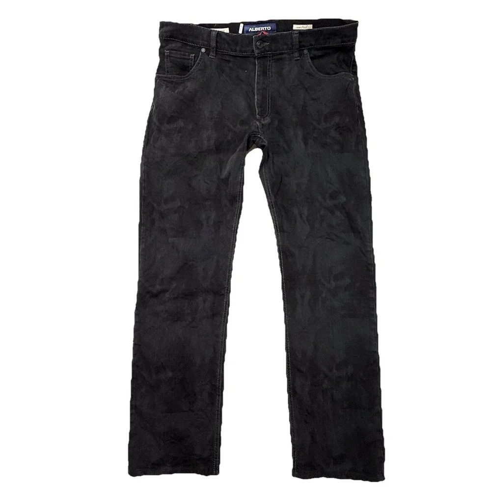 Alberto Men's Brushed Double Black Denim Jeans Modern Fit Straight‎ 36/32 Stone